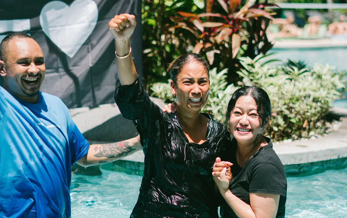Celebrating a water baptism at Hillsong Bali